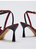 Mescini – Burgundy bow ankle strap pumps seen from behind, flared heels, US women's sizes