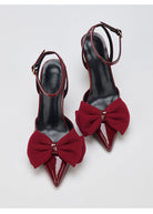Mescini – Burgundy bow ankle strap pumps, front studio pair view, US women's sizes