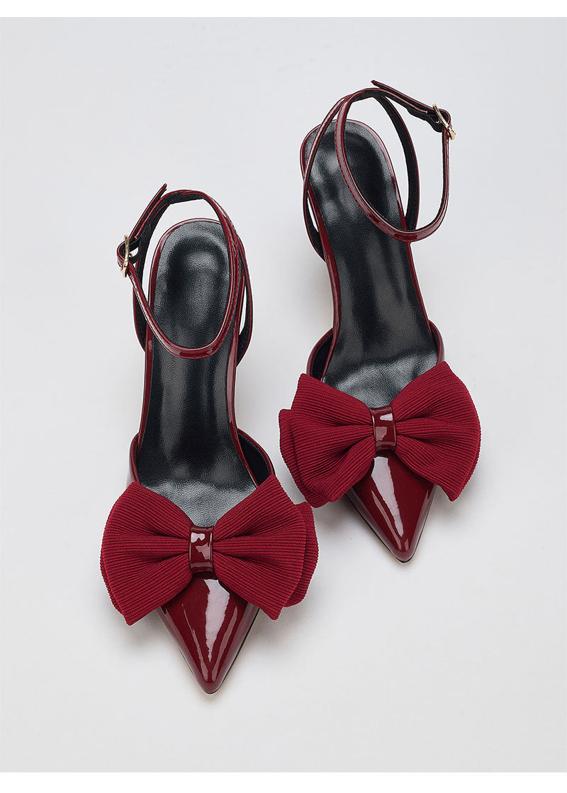 Mescini – Burgundy bow ankle strap pumps, front studio pair view, US women's sizes