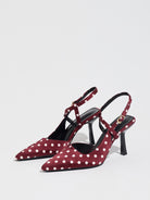 Mescini burgundy polka dot pointed toe slingback heels, angled pair on white, US women's sizes