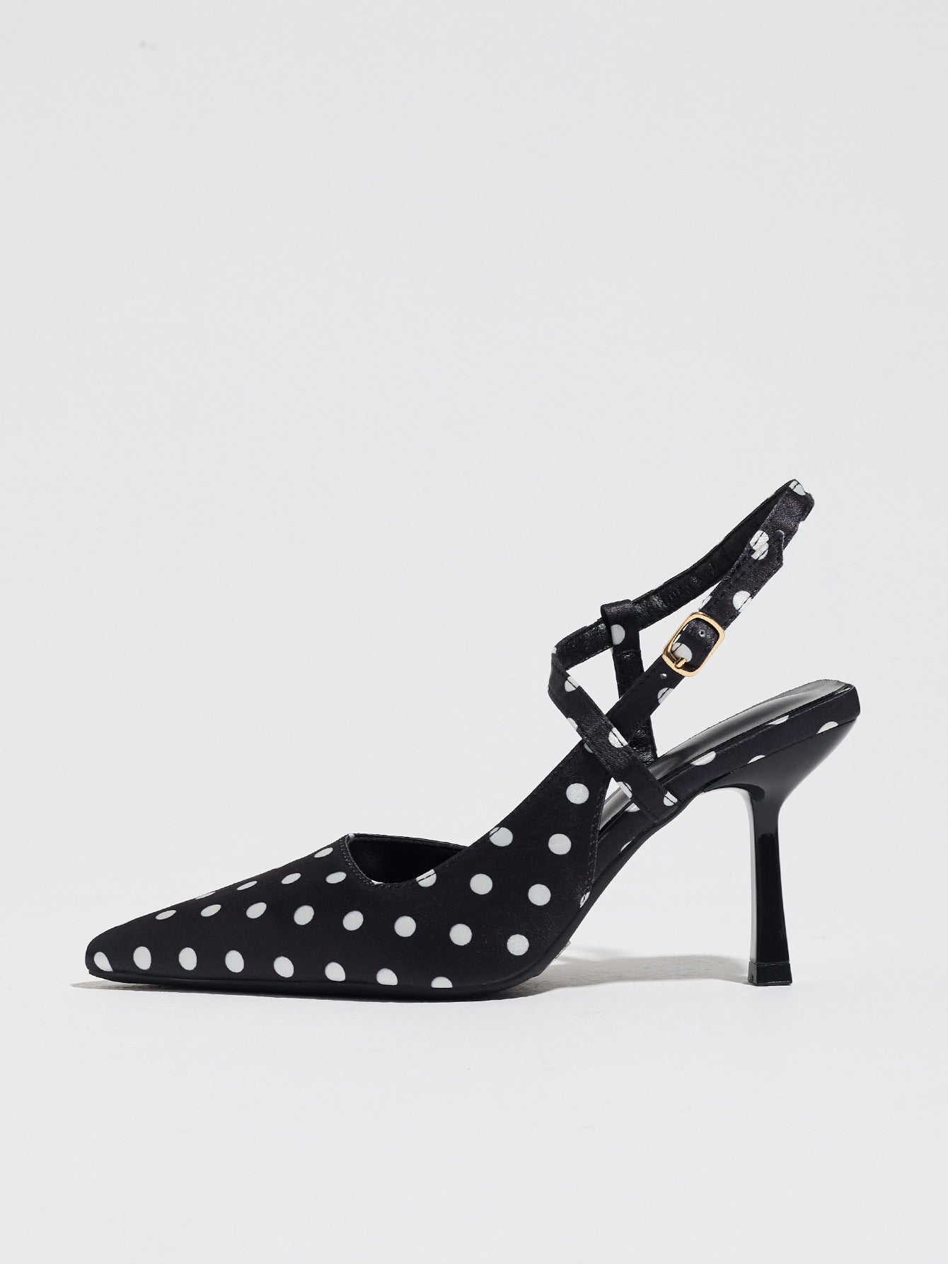 Mescini black polka dot pointed toe slingback heel, single shoe in profile, US women's sizes