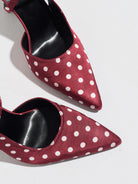 Mescini burgundy polka dot slingback heels, close view of the two pointed toes, US women's sizes