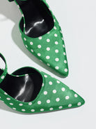Mescini green polka dot slingback heels, close view of the two pointed toes, US women's sizes