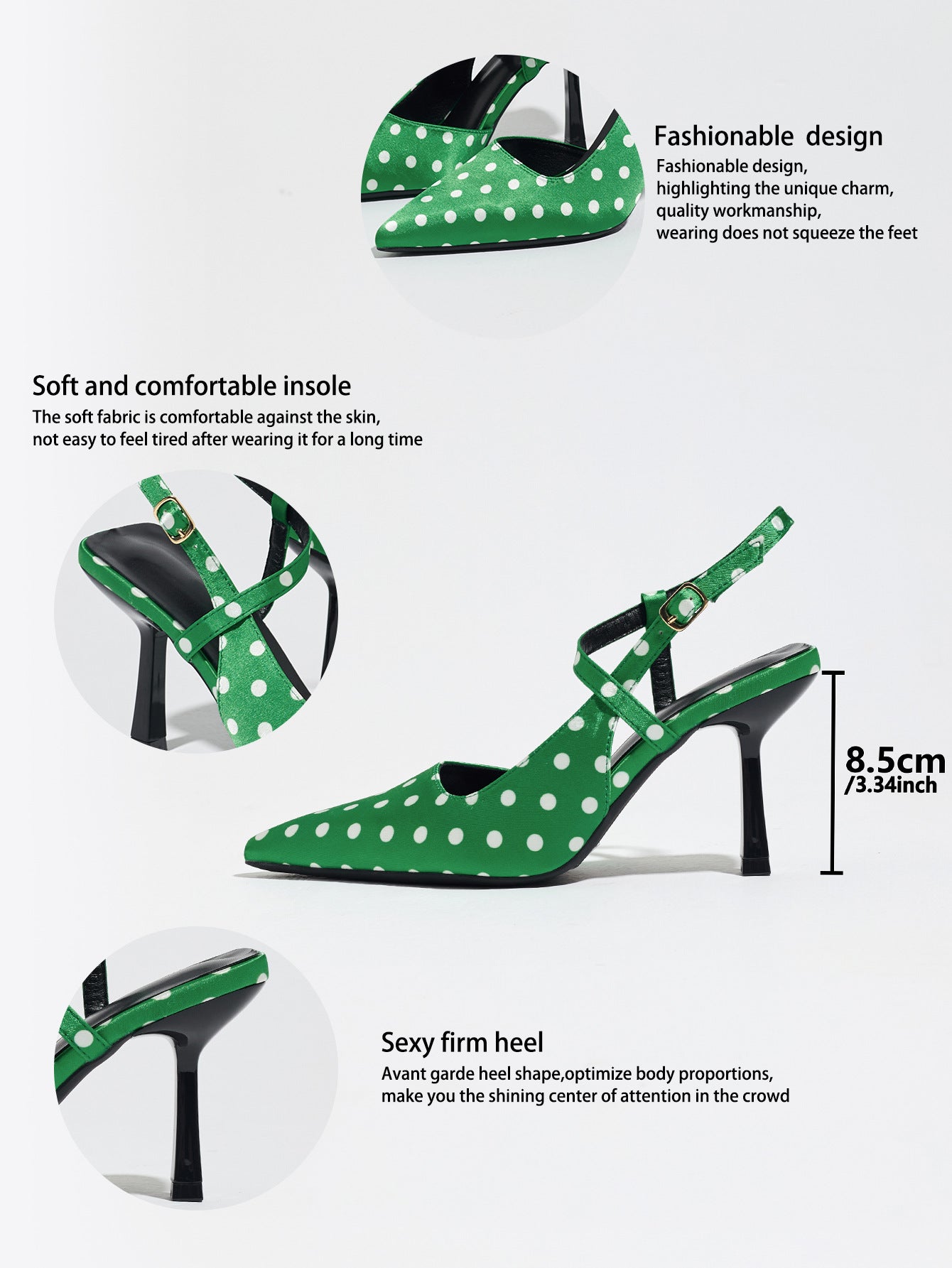 Mescini green polka dot slingback heels, supplier design panel with notes, US women's sizes