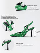 Mescini green polka dot slingback heels, supplier design panel with notes, US women's sizes