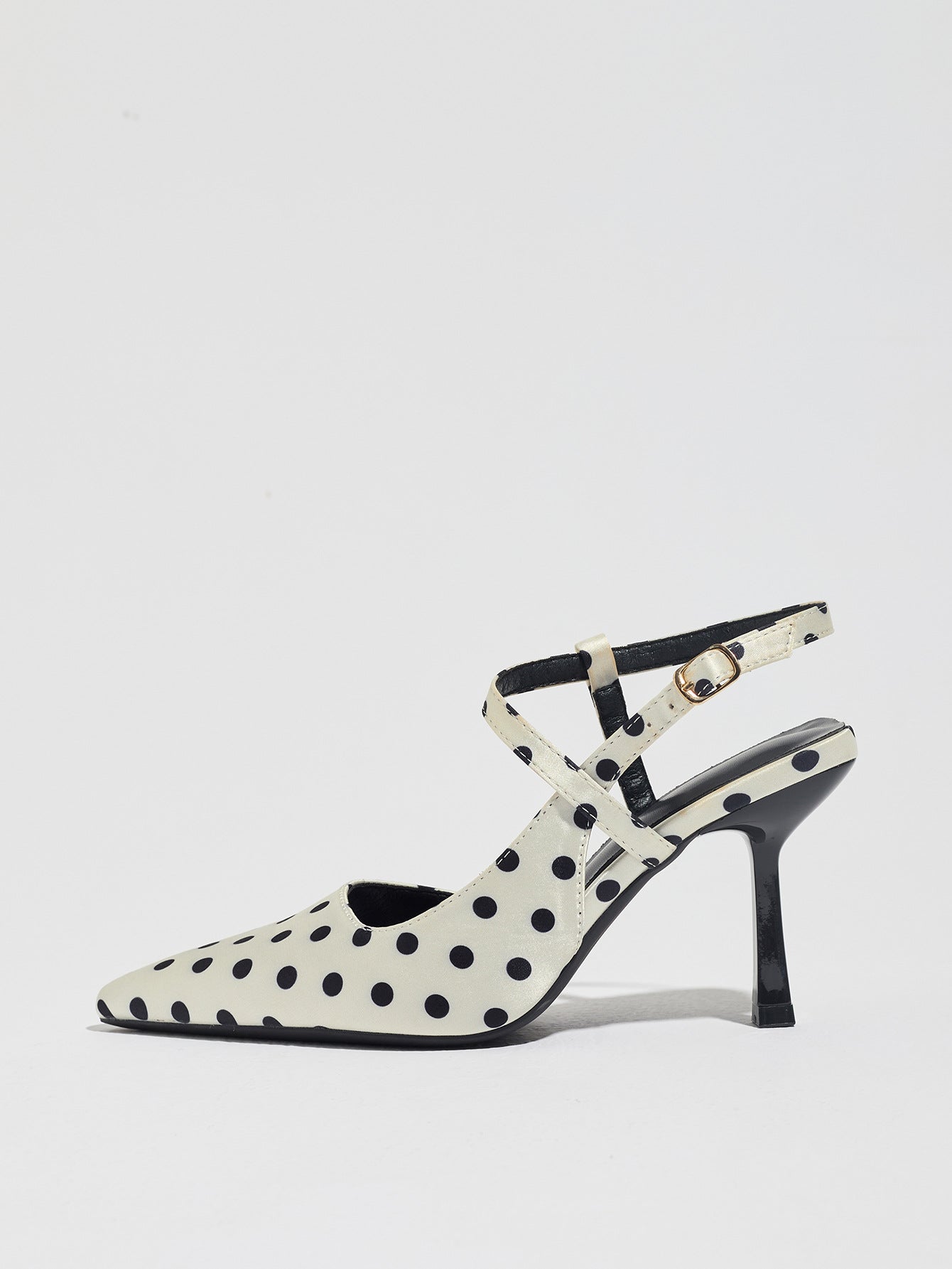 Mescini white polka dot pointed toe slingback heel, single shoe in profile, US women's sizes