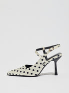 Mescini white polka dot pointed toe slingback heel, single shoe in profile, US women's sizes