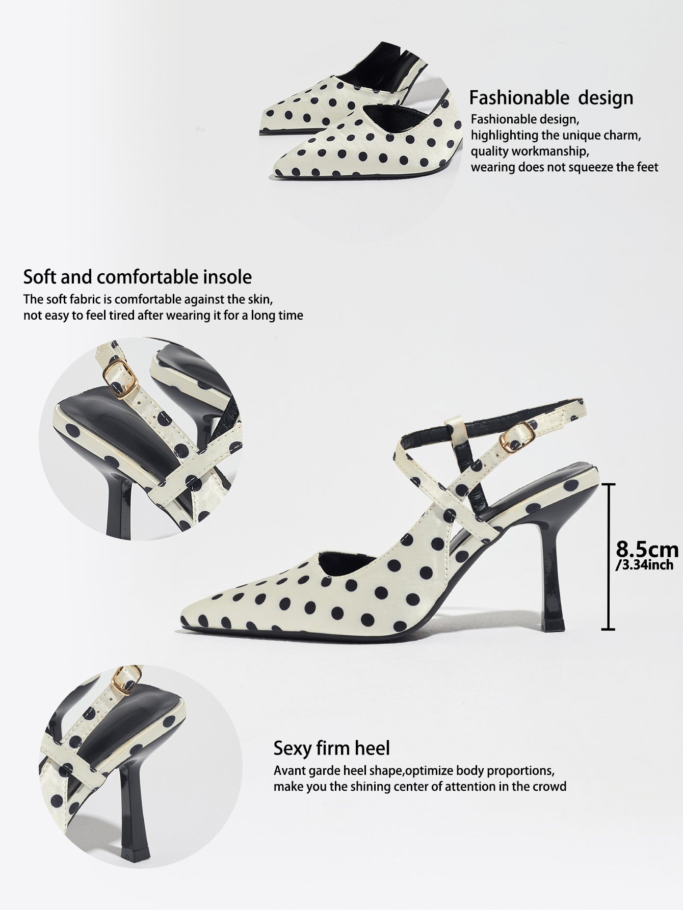 Mescini white polka dot slingback heels, supplier design panel with notes, US women's sizes