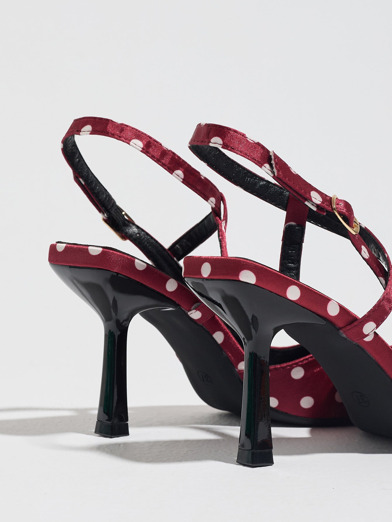 Mescini burgundy polka dot slingback heels, rear view of the standing pair, US women's sizes