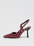 Mescini burgundy polka dot pointed toe slingback heel, single shoe in profile, US women's sizes