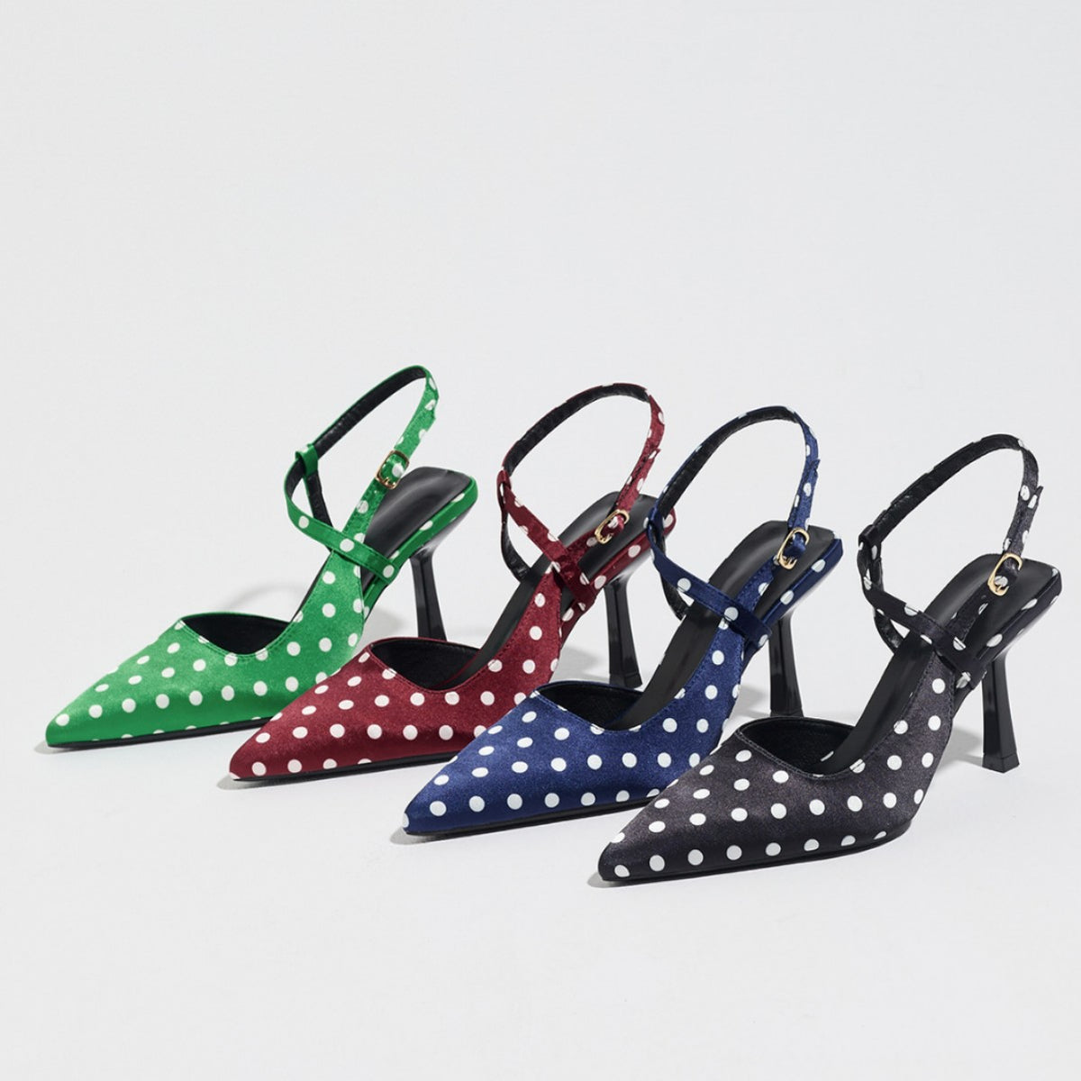 Mescini – Green burgundy navy and black polka dot slingbacks lined up, US women's sizes
