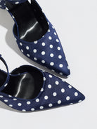 Mescini navy polka dot slingback heels, close view of the two pointed toes, US women's sizes