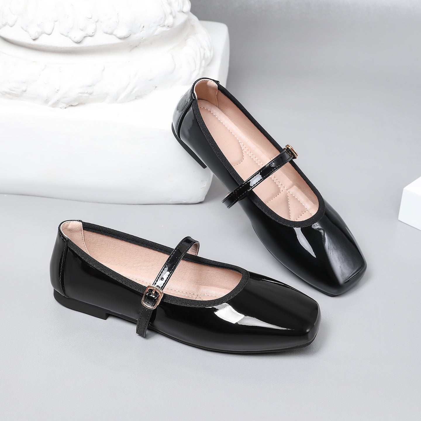 Mescini – black patent square toe mary jane flats, full pair on grey, US women's sizes