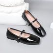 Mescini – black patent square toe mary jane flats, full pair on grey, US women's sizes