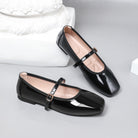 Mescini – black patent square toe mary jane flats, full pair on grey, US women's sizes