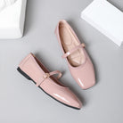 Mescini pink patent square toe mary jane flats, pair seen from above on grey, US women's sizes