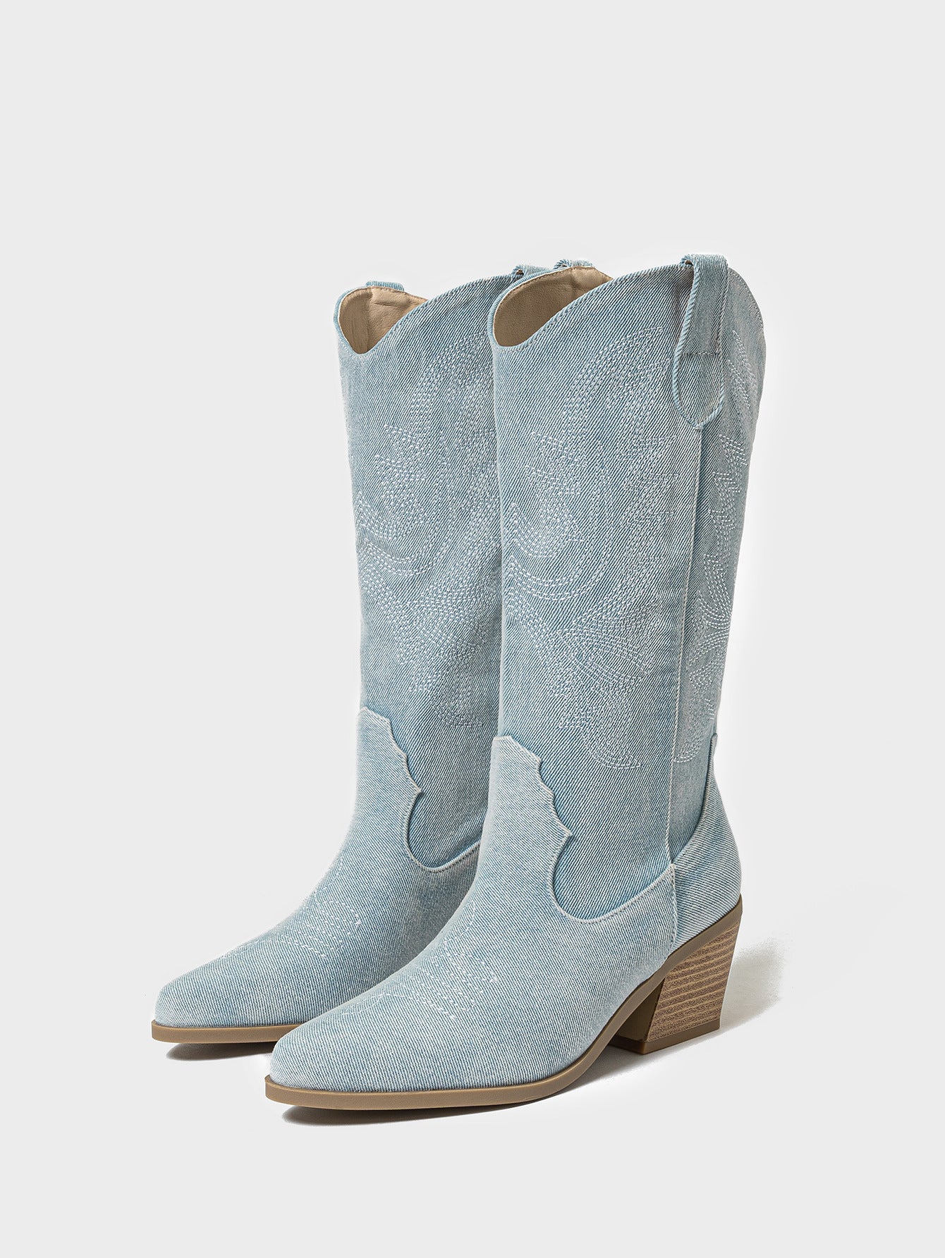 Mescini light blue embroidered western cowboy boots, pair standing together on grey, US women's sizes