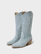 Mescini light blue embroidered western cowboy boots, pair standing together on grey, US women's sizes
