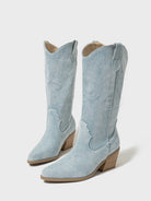 Mescini light blue embroidered western cowboy boots, angled pair seen from the front, US women's sizes