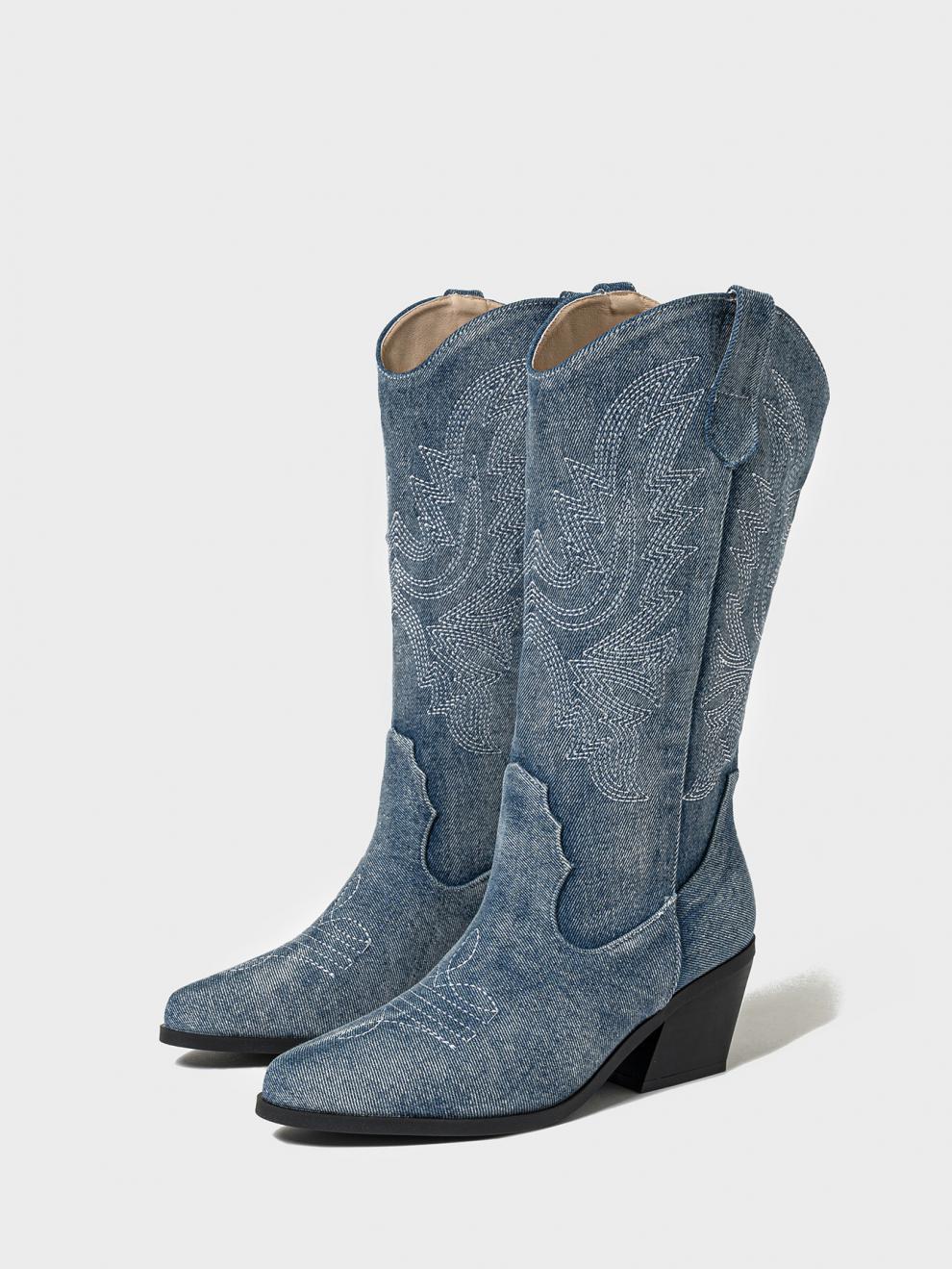 Mescini dark blue embroidered western cowboy boots, pair in side profile on a grey backdrop, US women's sizes