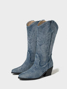 Mescini dark blue embroidered western cowboy boots, pair in side profile on a grey backdrop, US women's sizes