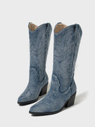 Mescini dark blue embroidered western cowboy boots, angled pair viewed from the front, US women's sizes