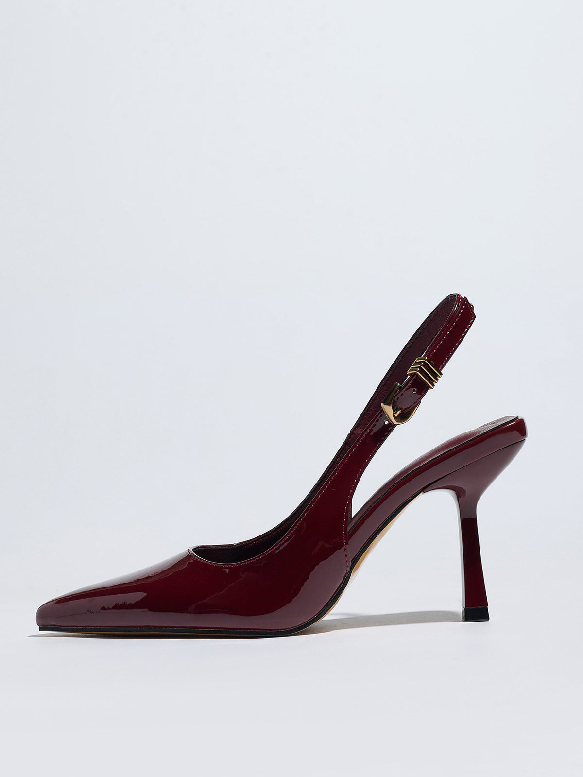 Mescini – Burgundy patent pointed toe slingback pump, side profile view, US women's sizes