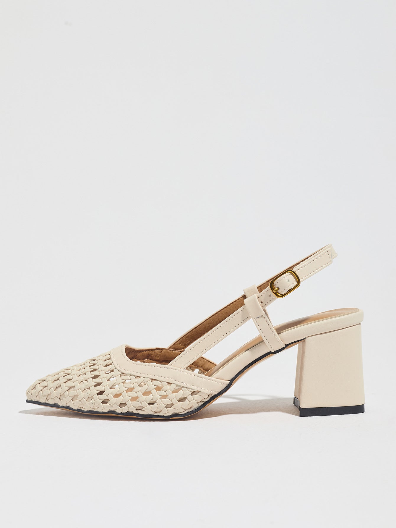 Mescini off-white woven pointed toe block heel pump, single shoe in profile, US women's sizes