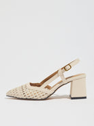 Mescini off-white woven pointed toe block heel pump, single shoe in profile, US women's sizes