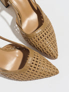 Mescini brown woven block heel pumps, close view of the pointed toe and weave, US women's sizes