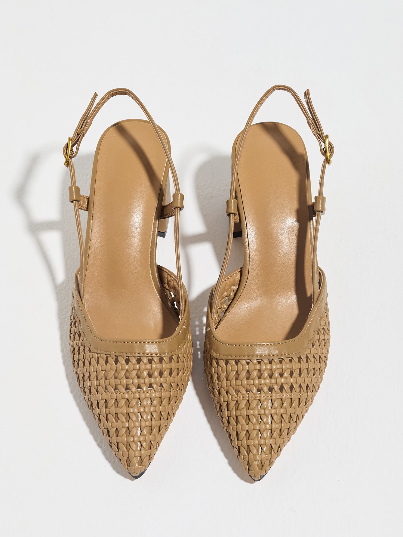 Mescini brown woven pointed toe block heel pumps, pair seen from above, US women's sizes