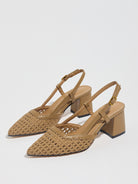 Mescini brown woven pointed toe block heel pumps, angled pair on a white floor, US women's sizes