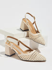 Mescini off-white woven pointed toe block heel pumps, pair on white risers, US women's sizes