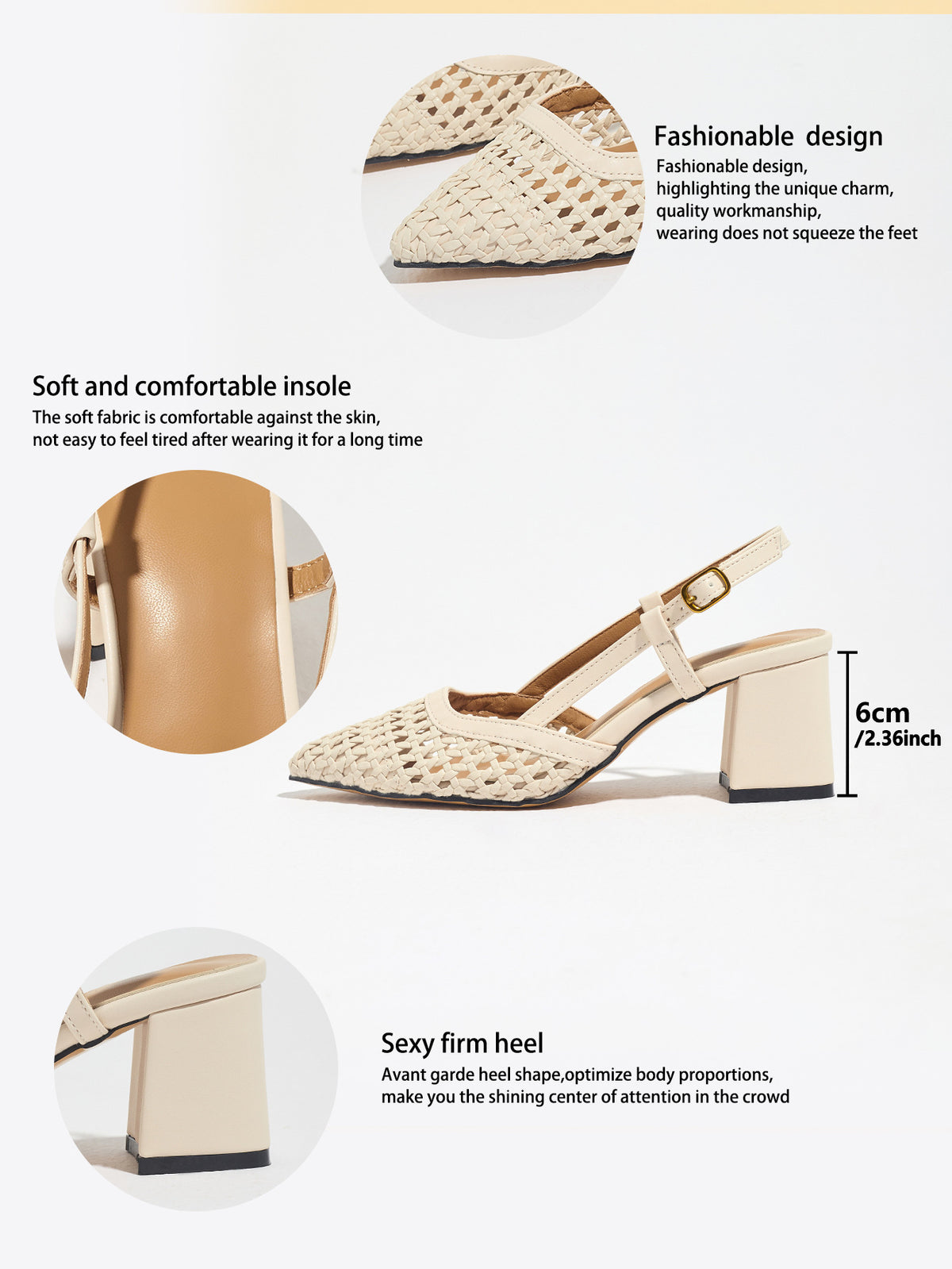 Mescini off-white woven pointed toe block heel pumps, supplier design panel, US women's sizes
