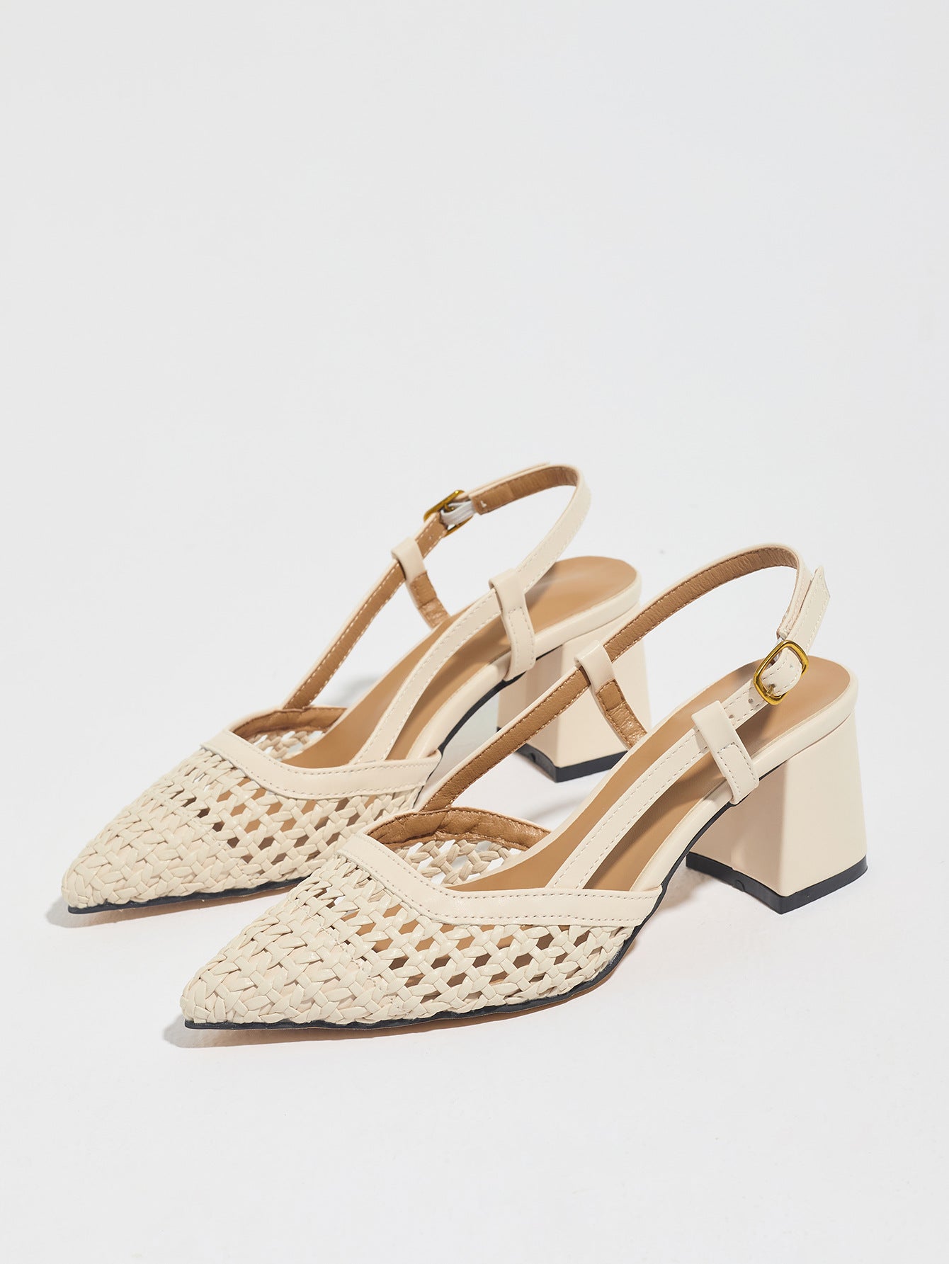 Mescini off-white woven pointed toe block heel pumps, angled pair on white, US women's sizes