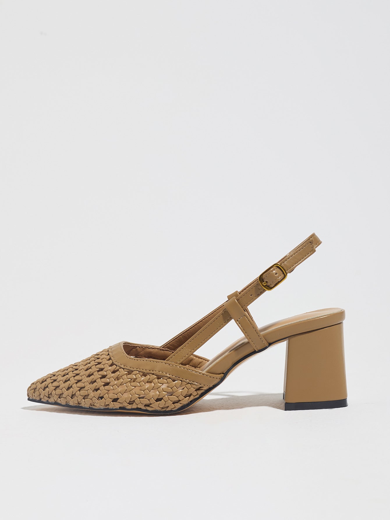 Mescini brown woven pointed toe block heel pump, single shoe in side profile, US women's sizes