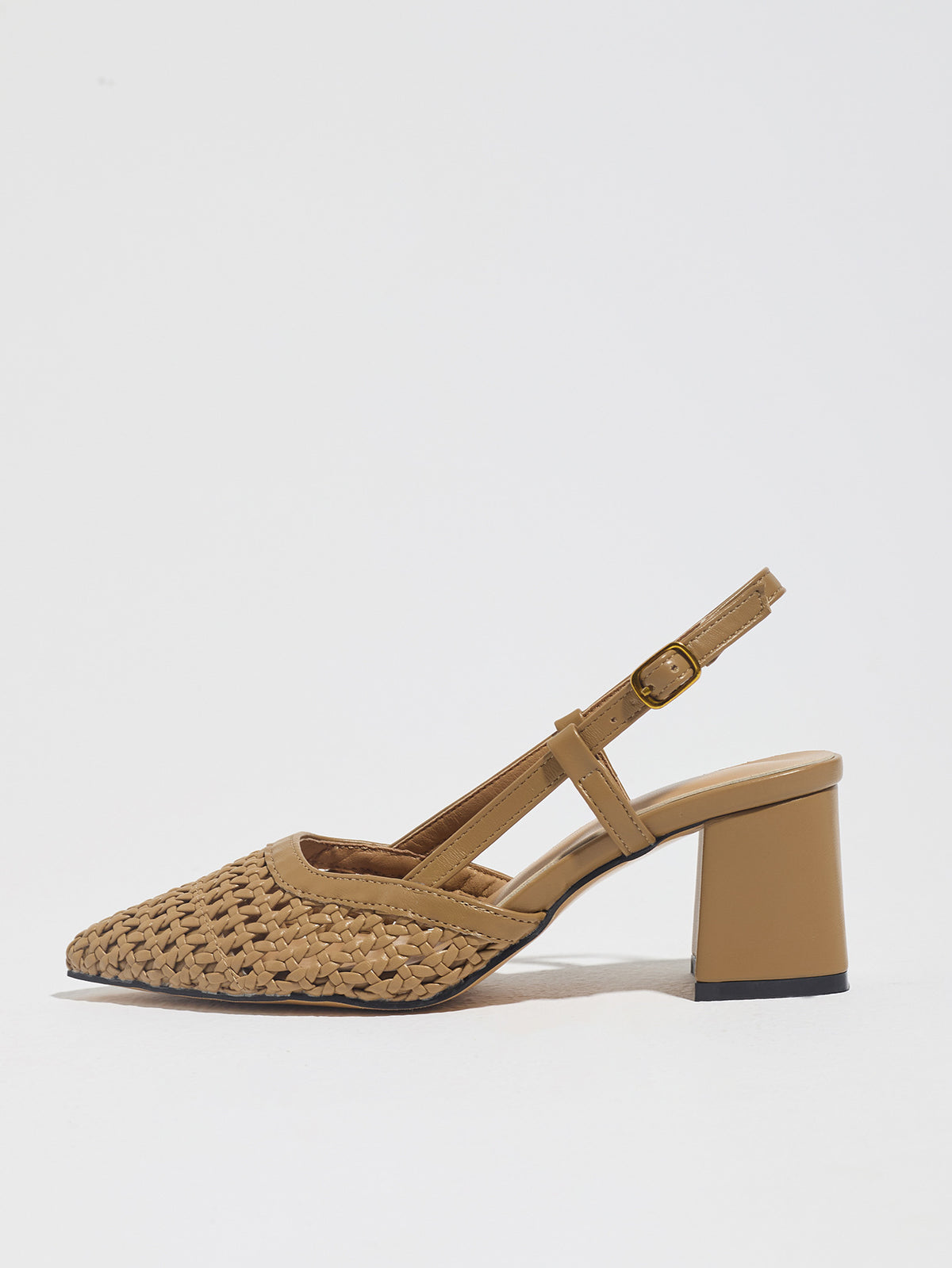Mescini brown woven pointed toe block heel pump, single shoe in side profile, US women's sizes