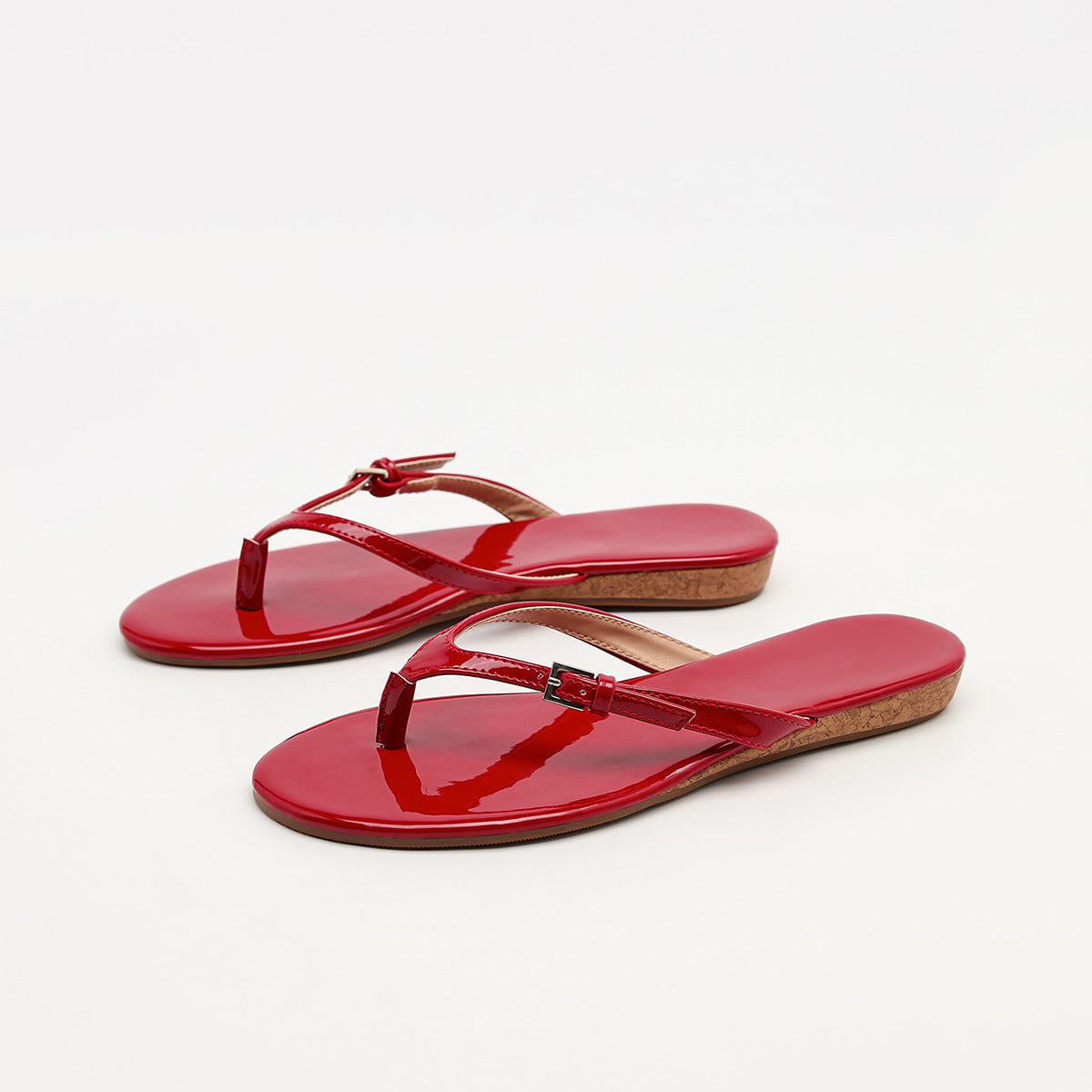 Mescini - Red toe post sandals angled pair view with side buckle, US women's sizes