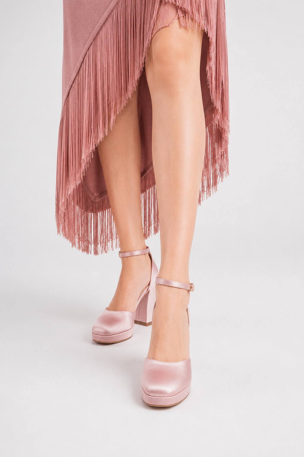 Mescini pink satin platform Mary Jane heels, worn standing, front view of both feet, US women's sizes
