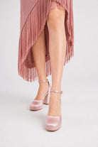 Mescini pink satin platform Mary Jane heels, worn standing, front view of both feet, US women's sizes