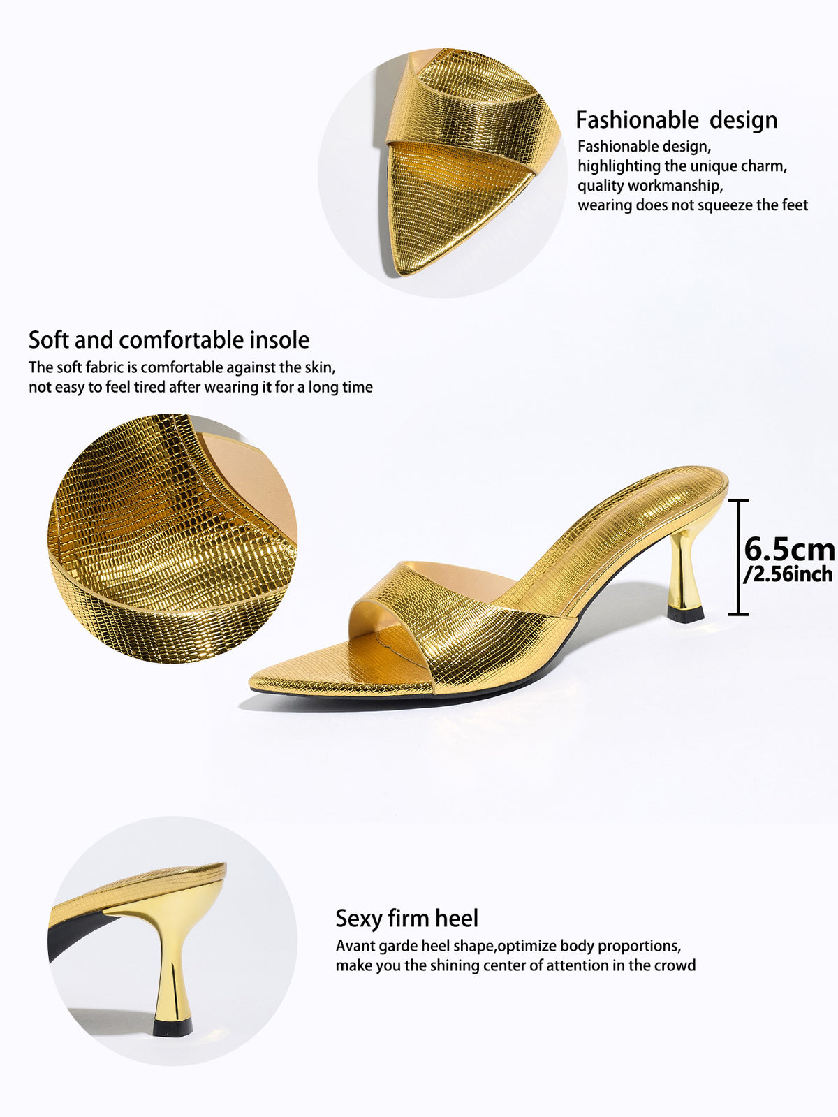 Mescini gold metallic pointed toe mule sandals, feature graphic with 6.5 cm height, US women's sizes