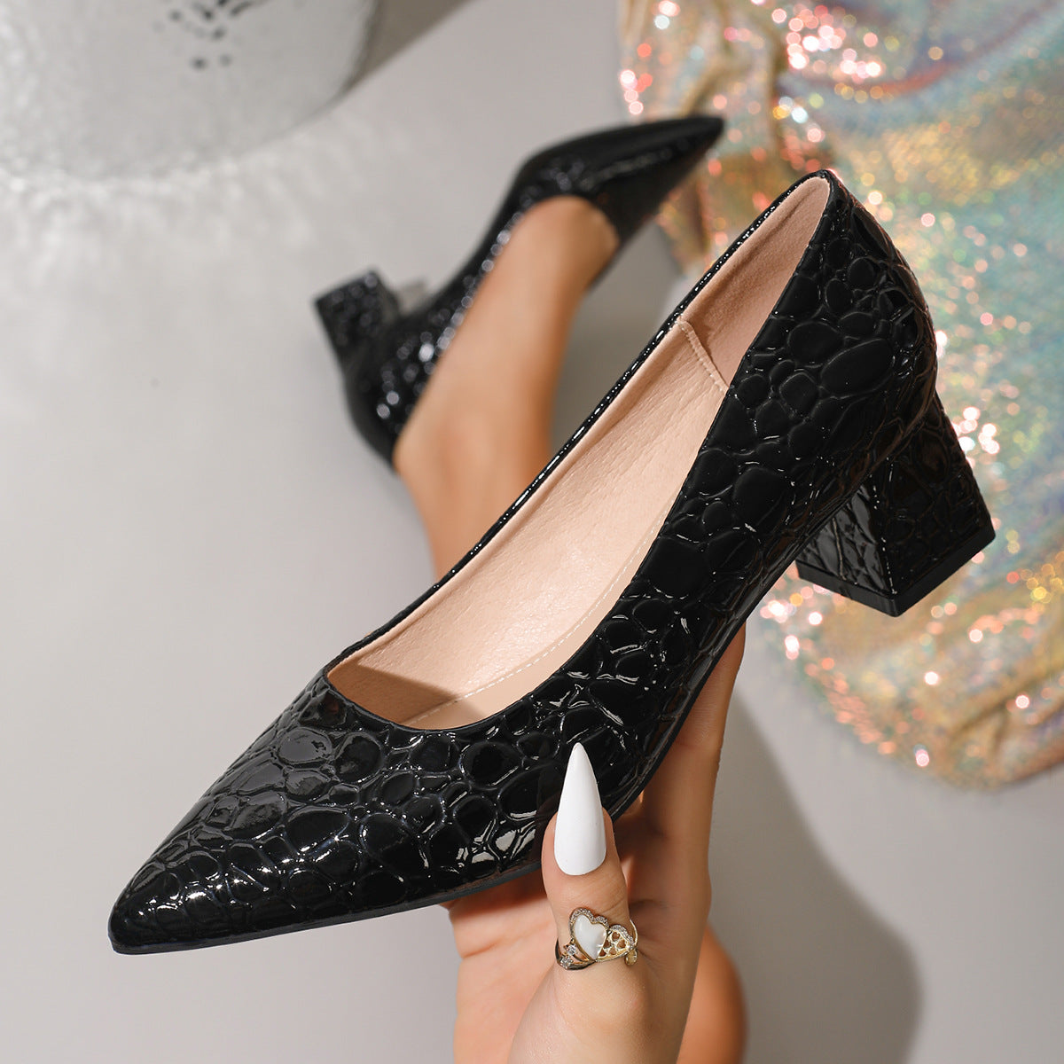 Mescini – black croc embossed block heel pump with pointed toe detail, US women's sizes