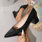 Mescini – black croc embossed block heel pump with pointed toe detail, US women's sizes