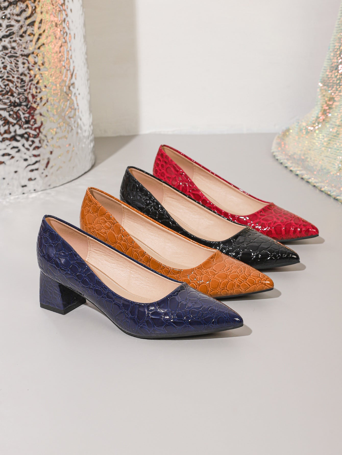 Mescini navy blue, brown, wine red and black croc embossed pumps, all four colors, US women's sizes