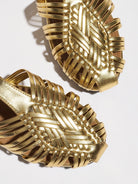 Mescini gold woven closed toe block heel sandals, two uppers seen from above on white, US women's sizes