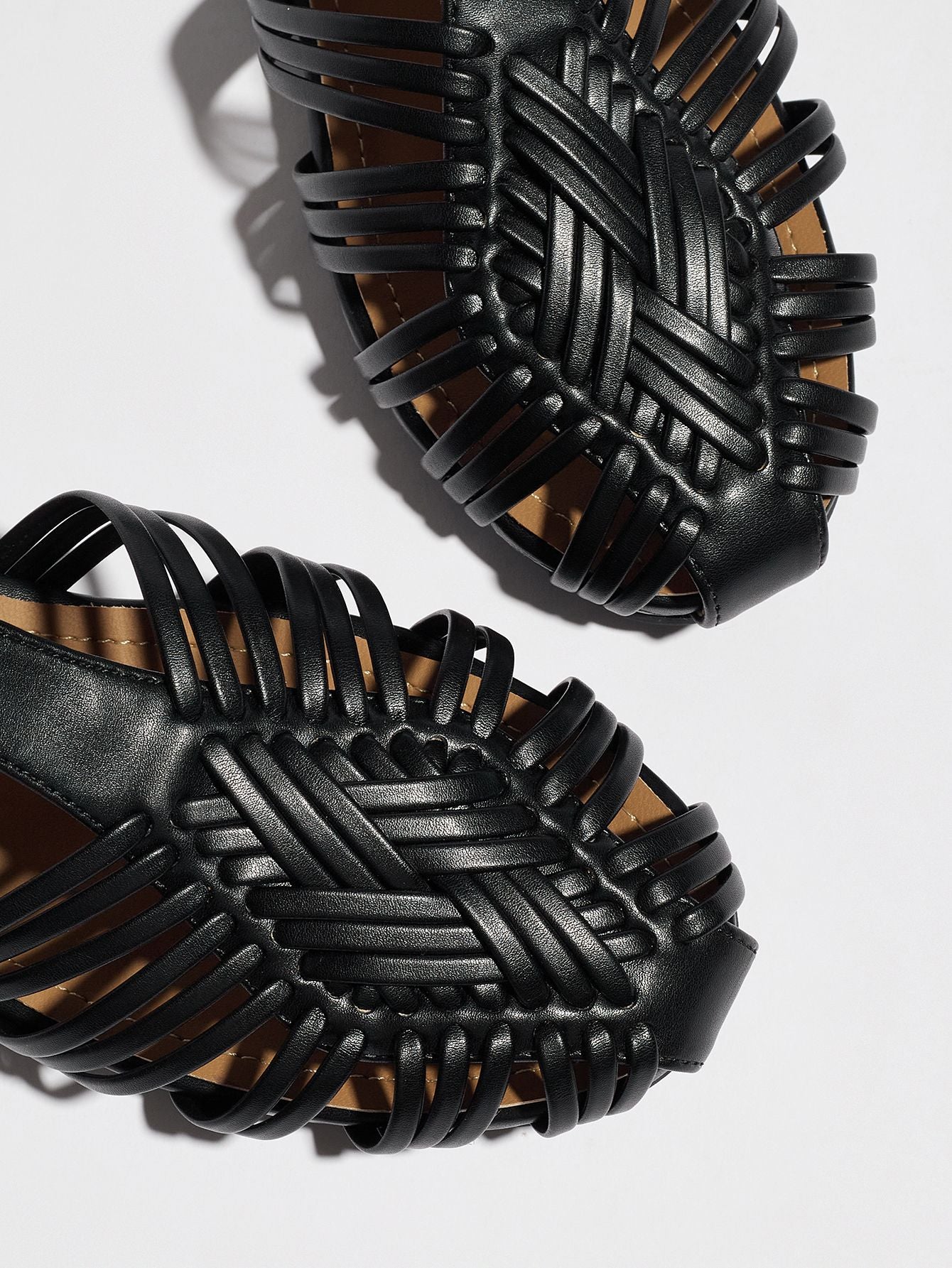 Mescini black woven closed toe block heel sandals, close up of the braided uppers from above, US women's sizes