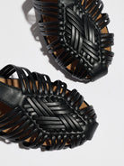 Mescini black woven closed toe block heel sandals, close up of the braided uppers from above, US women's sizes