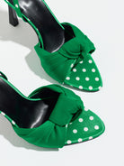Mescini green knot front polka dot heeled sandals, close up of the gathered band and toe, US women's sizes