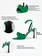Mescini green knot front polka dot heeled sandals, graphic with design and size callouts, US women's sizes