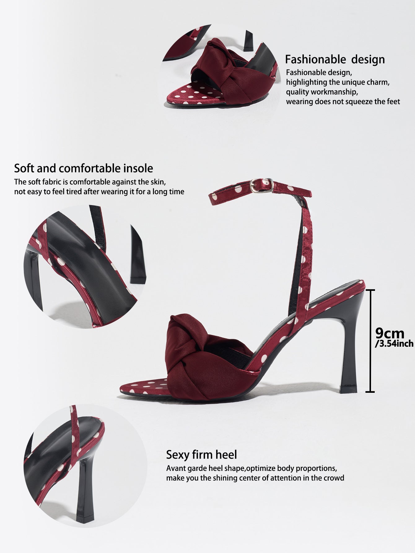 Mescini burgundy knot front polka dot heeled sandals, graphic showing the measurements, US women's sizes